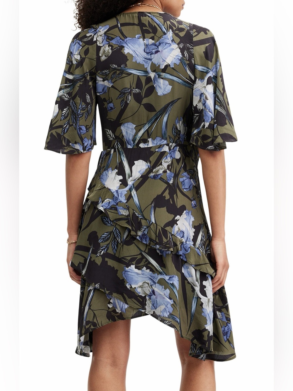 AllSaints Olive and Blue Floral High-Low Wrap Dress 100% Viscose - Picture 2 of 10